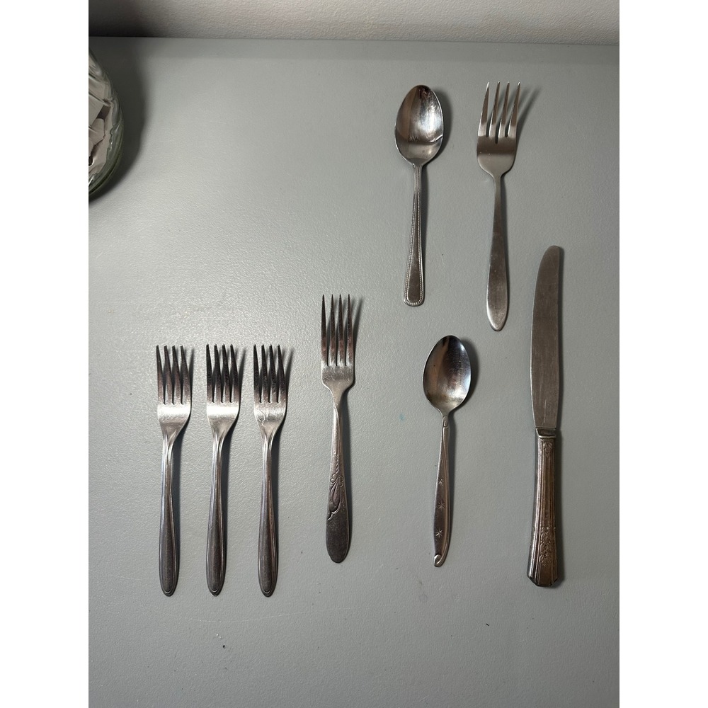 Vintage Mixed Flatware Lot 7pc Wm A Rogers Stainless Steel Forks Spoons Knife